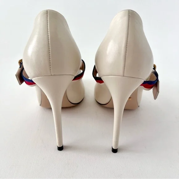 GUCCI | Sylvie Web Stripe Buckle White Leather Pumps EU 36 - Picture 9 of 16